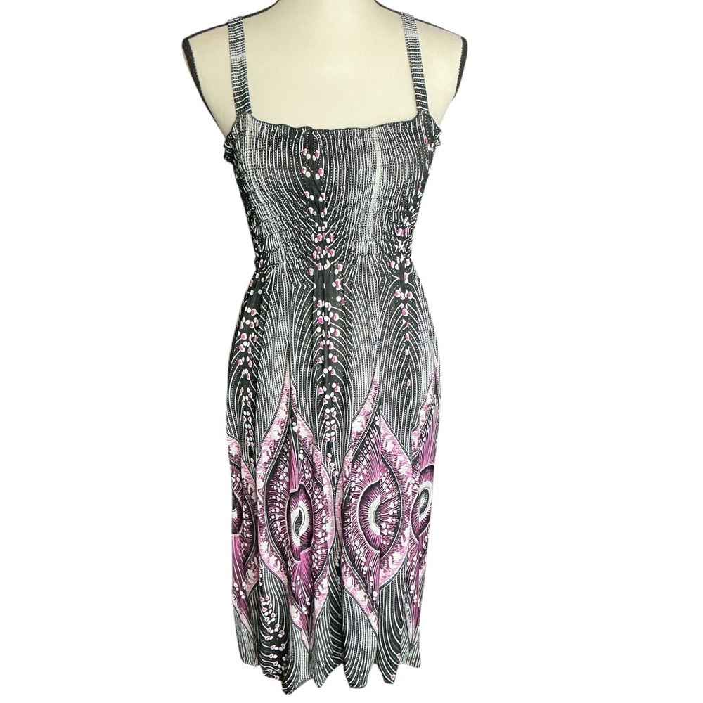 Lati Fashion Black Pink Geometric Peacock Maxi Dress Women XXL Smocked SD005